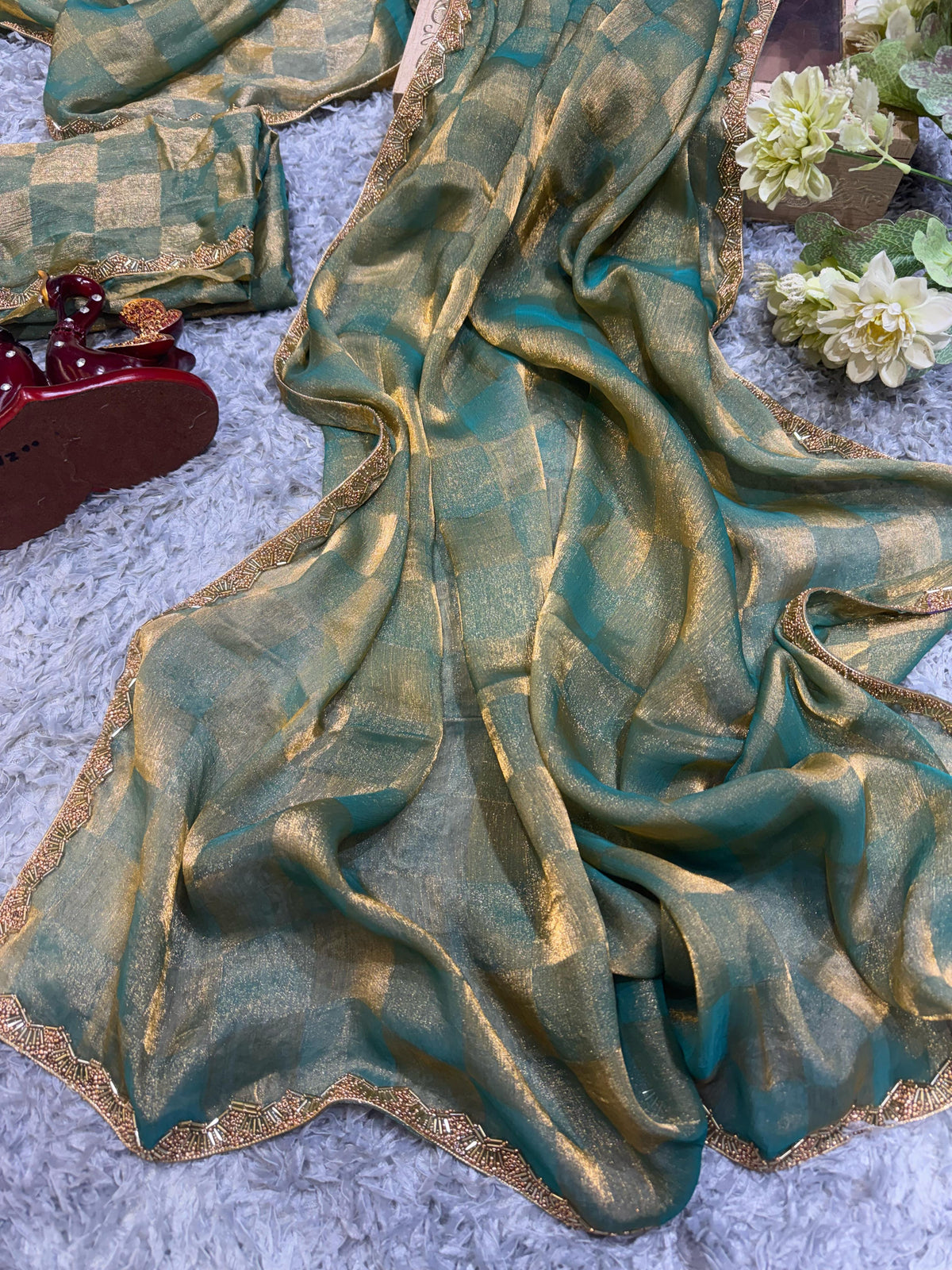 Gorgeous Box Pattern Teal Blue Color Saree