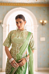 Glossy Embroidery Work Pista Color Ready To Wear Saree