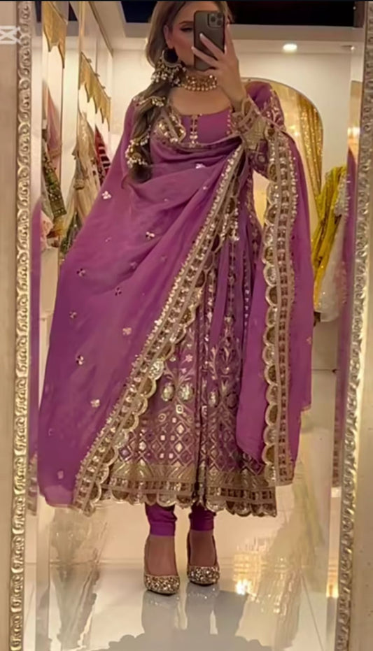 Lovely Onion Color Embroidery Work Anarkali Suit