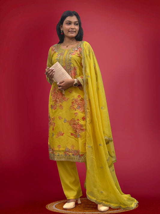 Good Looking Organza Yellow Color Palazzo Suit