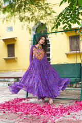 Navratri Festival Innovative Blue Georgette Kutchi Work Gown