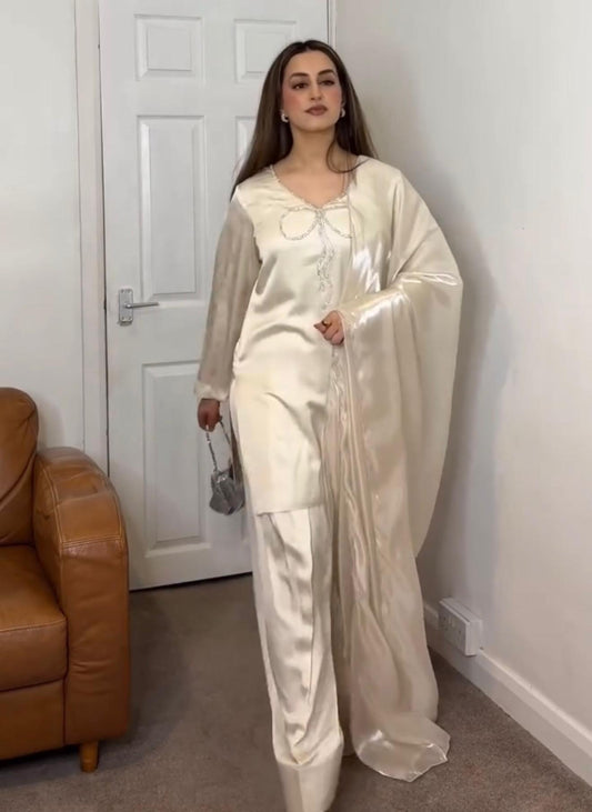 Stunning Sequence Work Off White Color Palazzo Suit