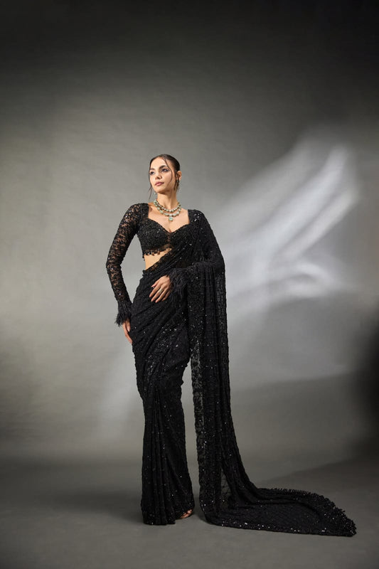 Awesome Black Color Heavy Embroidery Saree