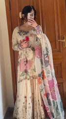 Captivating Chinon Embroidery Work Beige Color Gharara Suit
