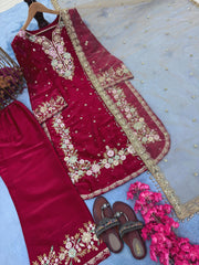 Stunning Sequence Work Red Color Palazzo Suit