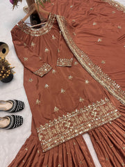 Heavy Work Brown Color Unique Sharara Suit