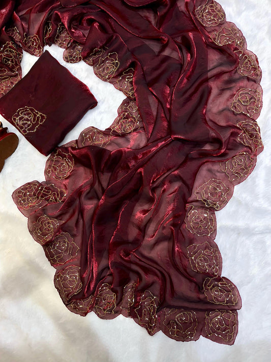 Wedding & Party Wear Beautiful Katdana Handwork Maroon Color saree