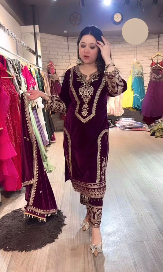 Delightful Purple Color Velvet Salwar Suit