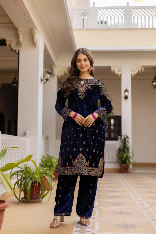 Amazing Navy Blue Velvet Embroidery Work Kurti Set
