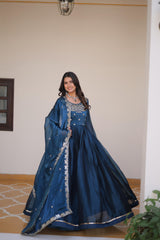 Occasion Wear Burberry Silk Teal Blue Color Gown