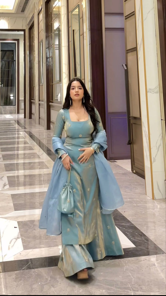Daisy Sky Blue Silk With Sequence Work Palazzo Suit