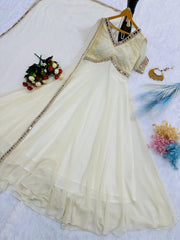 Designer Embroidery Chikankari Work Off White Color Gown