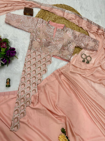 Glossy Embroidery Work Peach Color Ready To Wear Saree