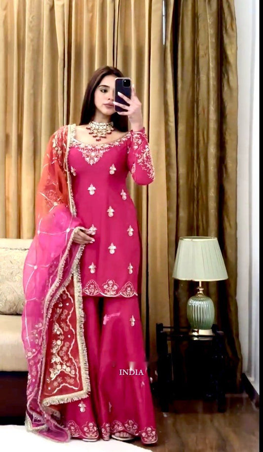 Ravishing Pink Cinon Silk Sequence Work Sharara Suit