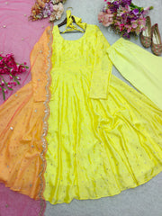 Designer Lemon Color Chinon Silk Work Gown