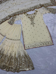 Fantastic Sequins Work White Color Top Sharara With Dupatta