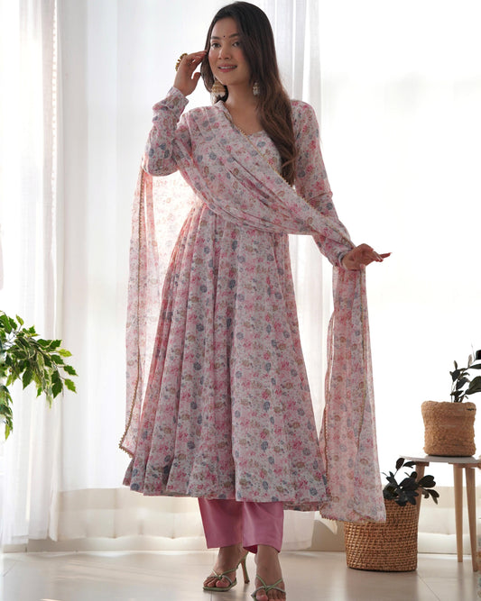 Flower Print Exclusive Fully Flair Pink Color Anarkali Suit