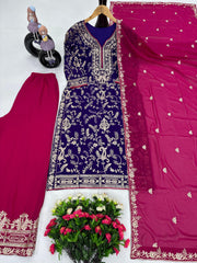 Classic Heavy Work Purple Color Palazzo Suit