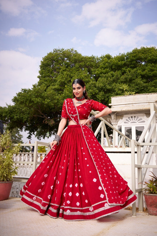 Alluring Red Color Chanderi Bandhej Lehenga Choli