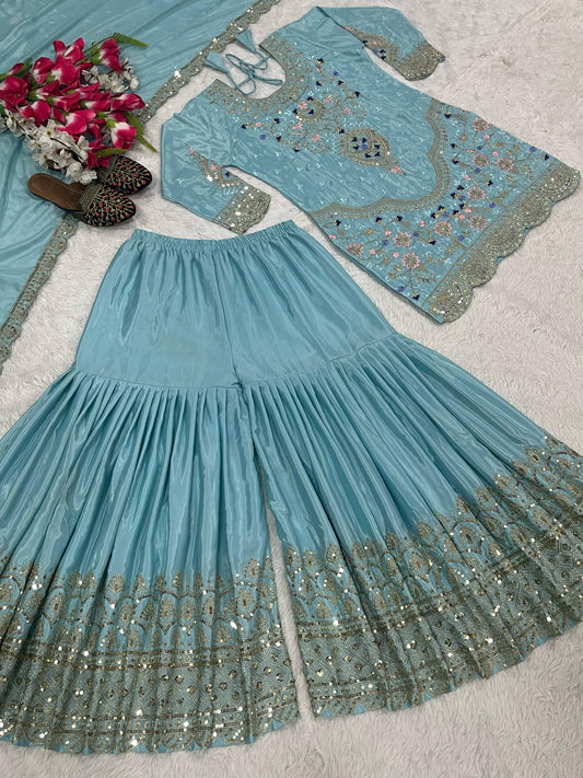 Stylish Heavy Work Sky Blue Color Sharara Suit