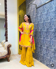 Designer Sequence Work Yellow Color Sharara Suit