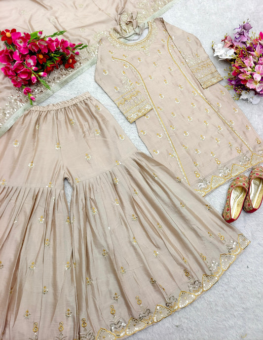 Stunning Embroidery Work Beige Color Sharara Suit