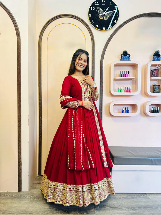 Designer Sequence Work Long Red Gown WIth Dupatta