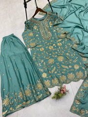 Rama Color Embroidered Chinon Palazzo Suit