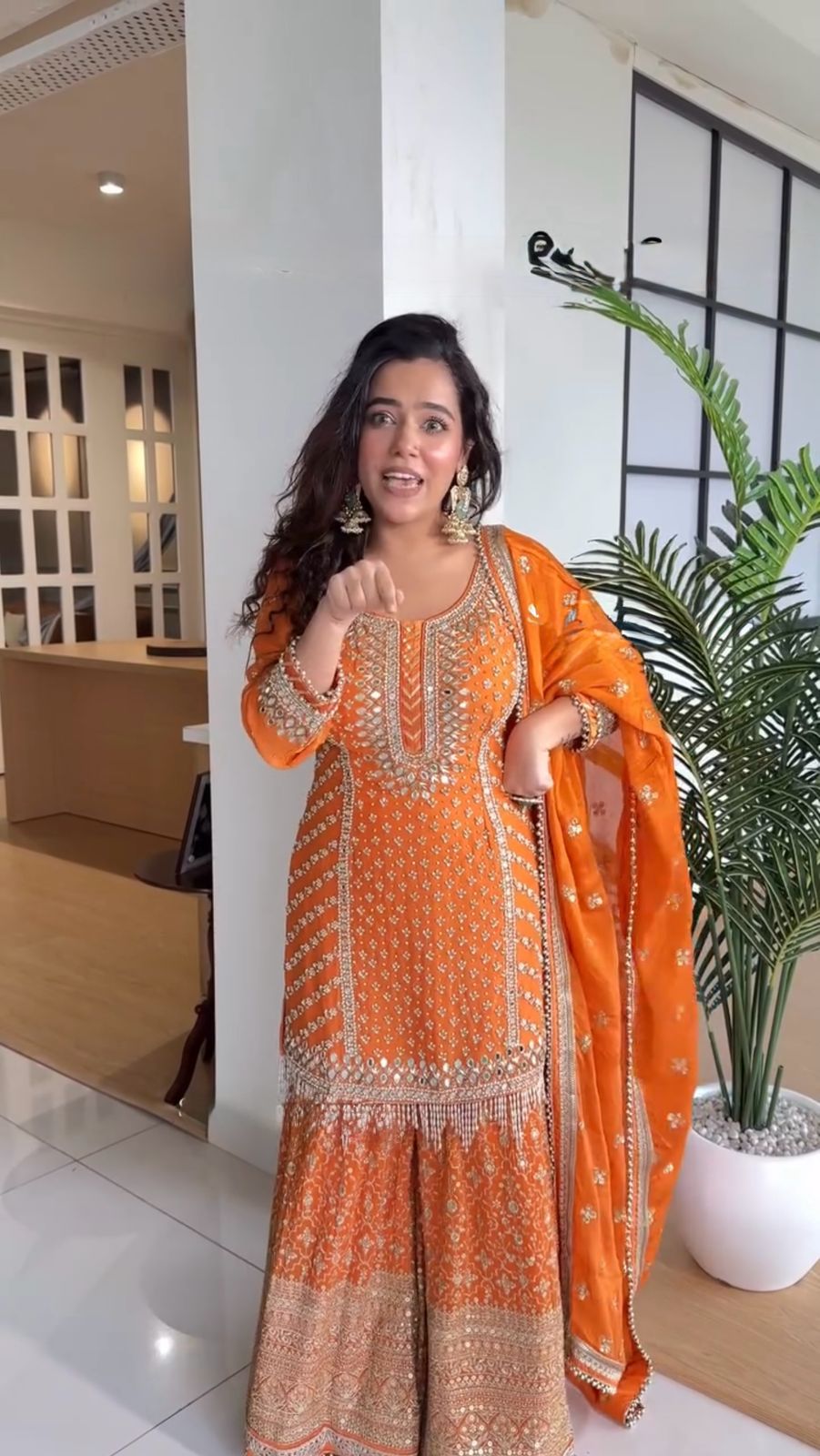Demanding Sequence Work Orange Color Sharara Suit