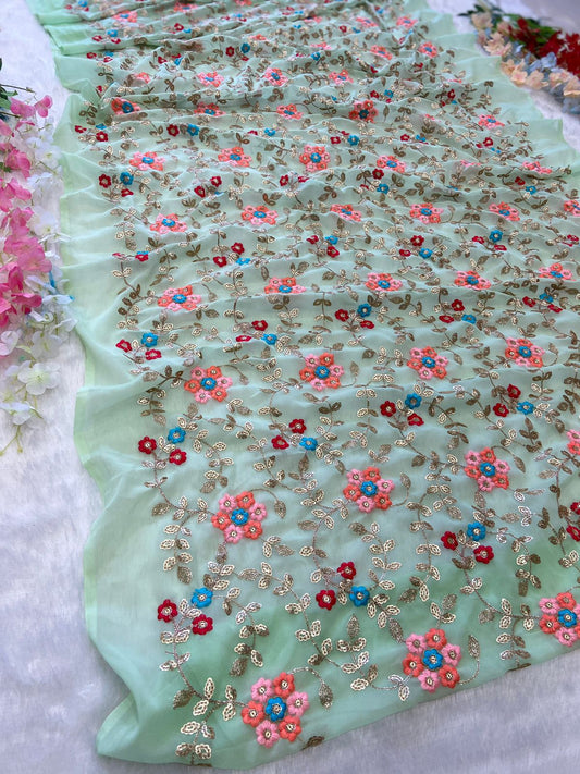 Multi Sequence Work Pista Color Saree