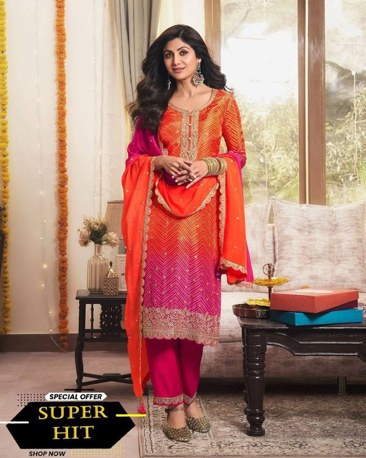 Precious Embroidery Work Orange With Pink Color Salwar Suit