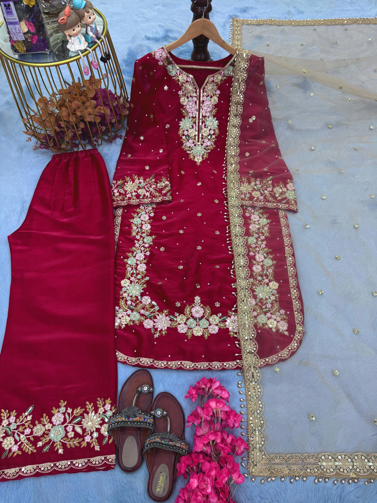 Stunning Sequence Work Red Color Palazzo Suit