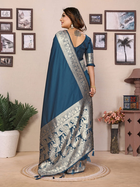Luxuriant Banarasi Silk Teal Blue Color Saree