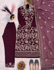 Fox Georgette Embroidered Wine Color Salwar Suit