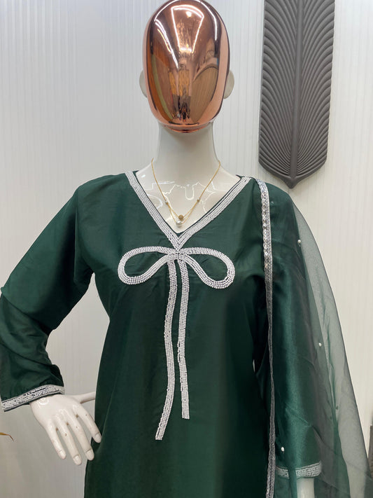 Captivating Beads Work Green Color Salwar Suit