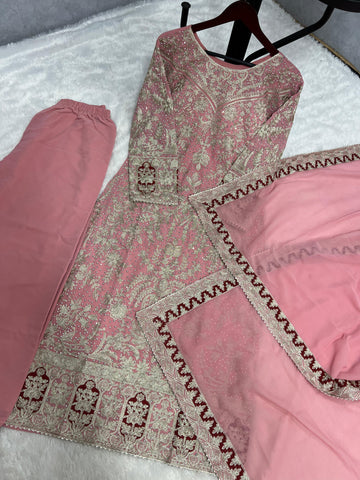 Peaceful Heavy Embroidery Work Pink Color Palazzo With Dupatta Set