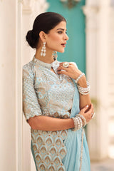 Glossy Embroidery Work Sky Blue Color Ready To Wear Saree