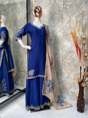 Stunning Chinon Embroidery Work Teal Blue Color Sharara Suit