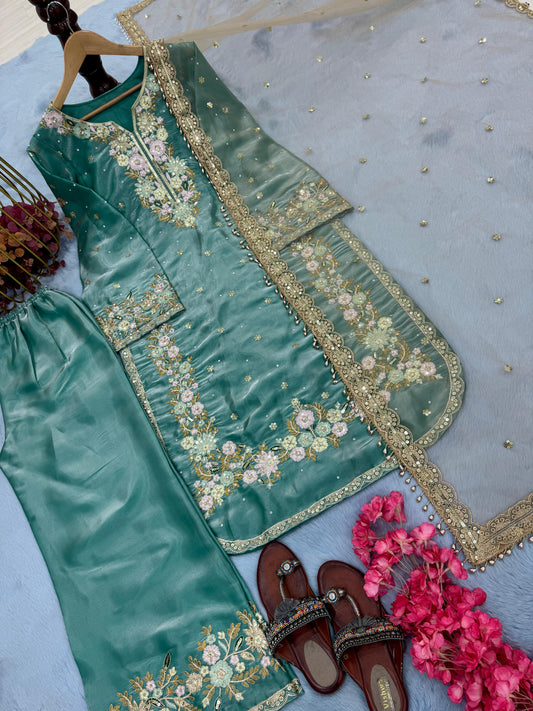 Stunning Sequence Work Teal Blue Color Palazzo Suit