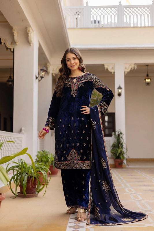 Amazing Navy Blue Velvet Embroidery Work Kurti Set