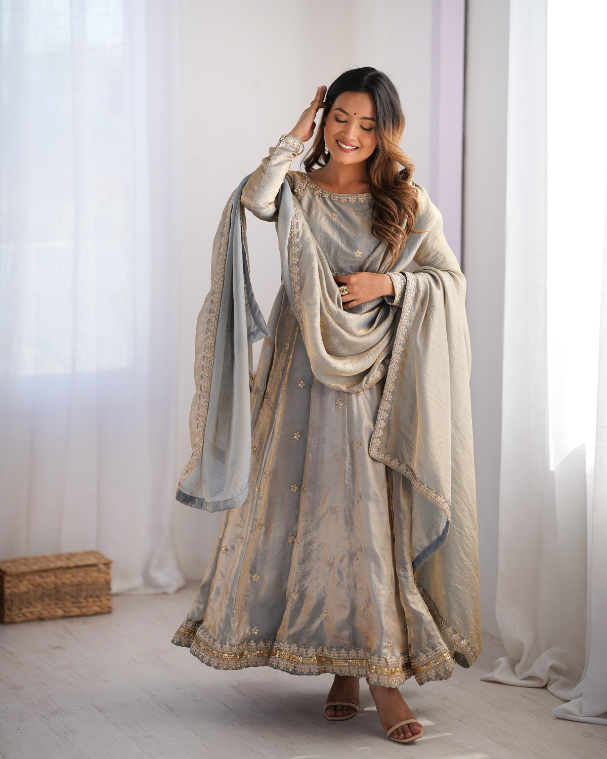 Shining Sequence Work Gray Color Silk Gown