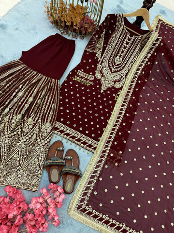 Designer Maroon Georgette Sequence Work Sharara Suit