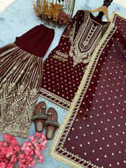 Designer Maroon Georgette Sequence Work Sharara Suit