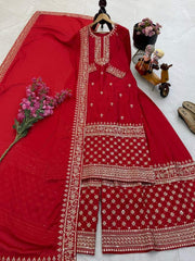 Ravishing Red Chinon Silk Embroidery Sharara Suit