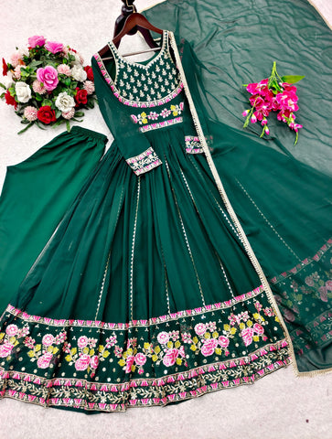 Trendy Green Georgette Embroidery Work Gown