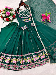 Trendy Green Georgette Embroidery Work Gown