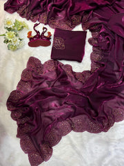 Wedding & Party Wear Beautiful Katdana Handwork Wine Color saree