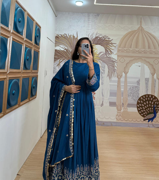 Pretty Blue Rayon Embroidery Work Gown