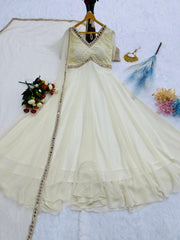 Designer Embroidery Chikankari Work Off White Color Gown