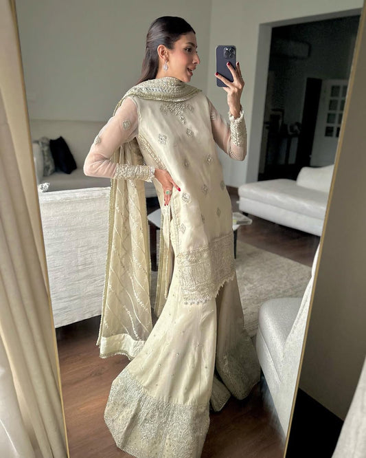 Glorious Chinon Embroidery Work Cream Color Sharara Suit